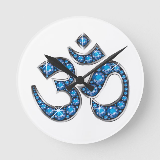 Om Symbol with "Aquamarine" Stones Round Clock (Front)