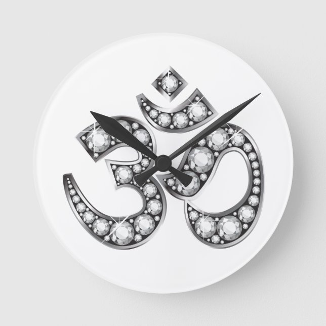Om Symbol with "Diamond" Stones Round Clock (Front)