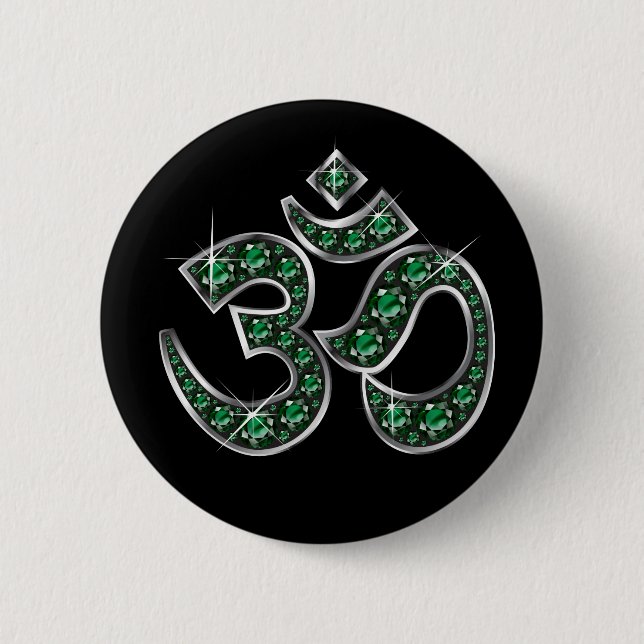 Om Symbol with "Emerald" Stones 2 Inch Round Button (Front)