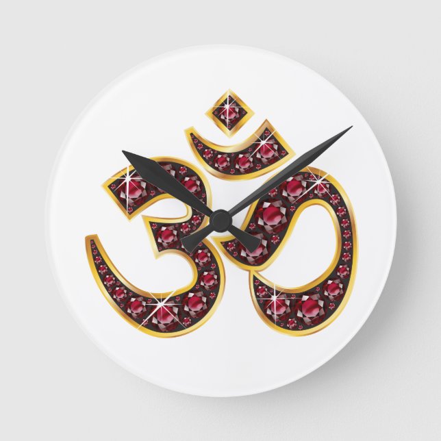 Om Symbol with "Ruby" Stones Round Clock (Front)