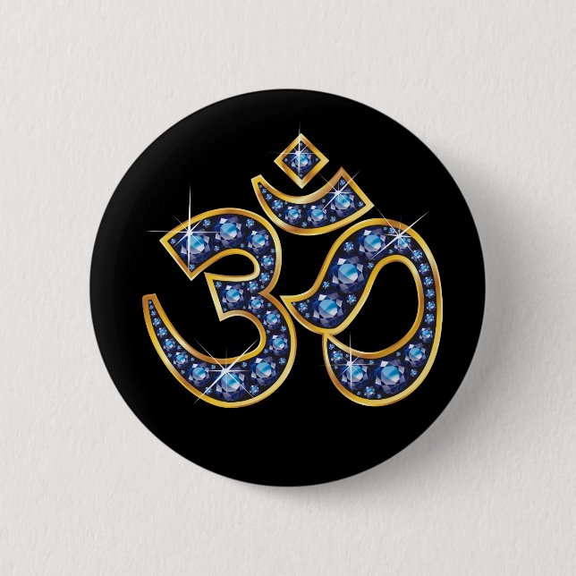 Om Symbol with "Sapphire" Stones 2 Inch Round Button (Front)