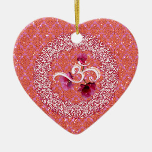 OM white pink damask Yoga Meditation Relaxation Ceramic Ornament