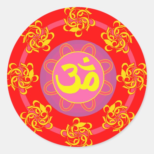 Om with Swirls and Colours! Classic Round Sticker (Front)