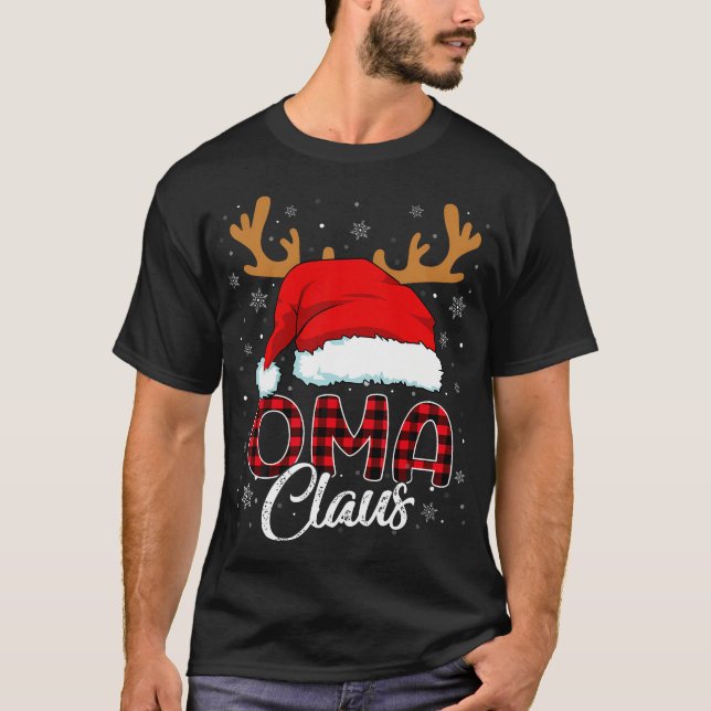 Oma Claus Santa Hat Reindeer Red Plaid Matching Fa T-Shirt (Front)