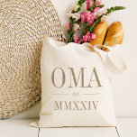 Oma Roman Numeral Year Established Tote Bag<br><div class="desc">A modern minimalist tote bag to celebrate a chic grandma,  this clean minimal tote features "Oma" or your choice of grandma nickname in neutral tan serif lettering. Customize with the year she became a grandmother beneath in elegant roman numerals for a chic touch.</div>