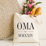 Oma Roman Numeral Year Established Tote Bag<br><div class="desc">A modern minimalist tote bag to celebrate a chic grandma,  this clean minimal tote features "Oma" or your choice of grandma nickname in black serif lettering. Customize with the year she became a grandmother beneath in elegant roman numerals for a chic touch.</div>