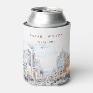 Omaha Nebraska Watercolor Landscape Wedding Can Cooler
