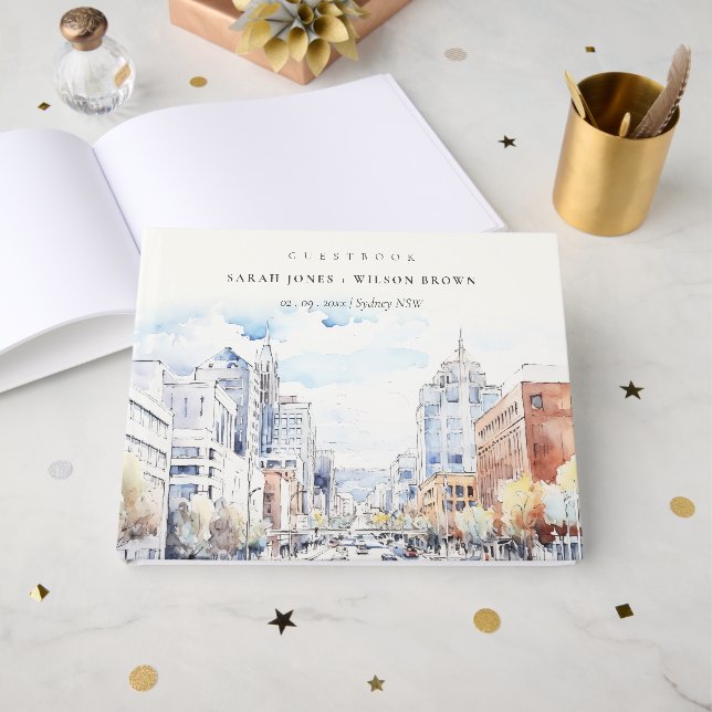 Omaha Nebraska Watercolor Landscape Wedding Guest Book (Front Open)