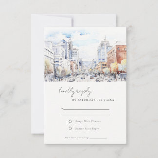 Omaha Nebraska Watercolor Landscape Wedding RSVP Card