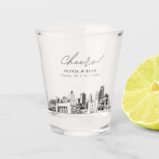 Omaha Wedding Favour Personalized Cheers Shot Glass (Front)