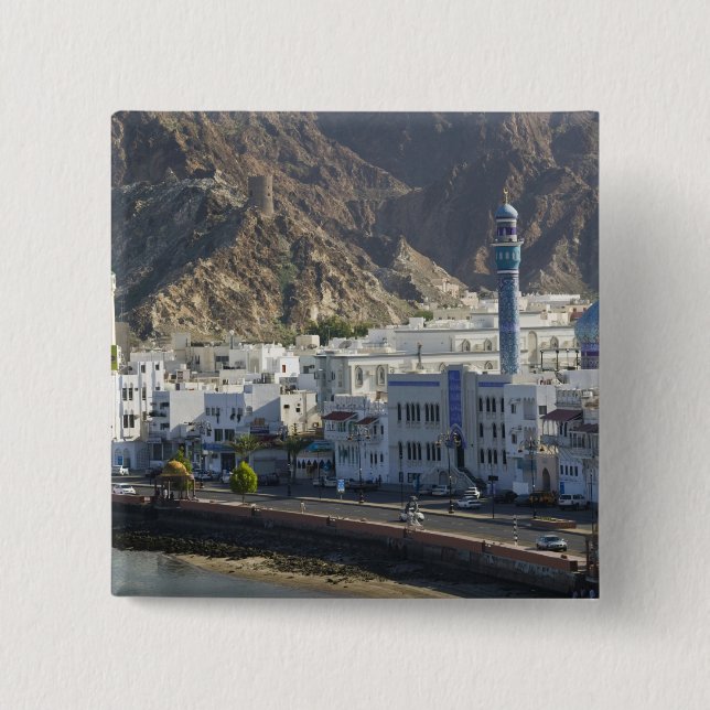 Oman, Muscat, Mutrah. Buildings along Mutrah 2 Inch Square Button (Front)