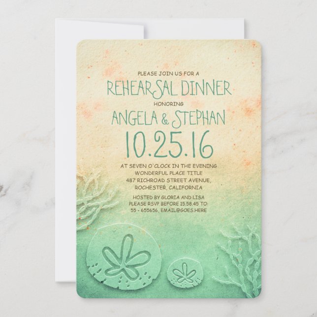 Ombre beach rehearsal dinner - teal sand dollar invitation (Front)