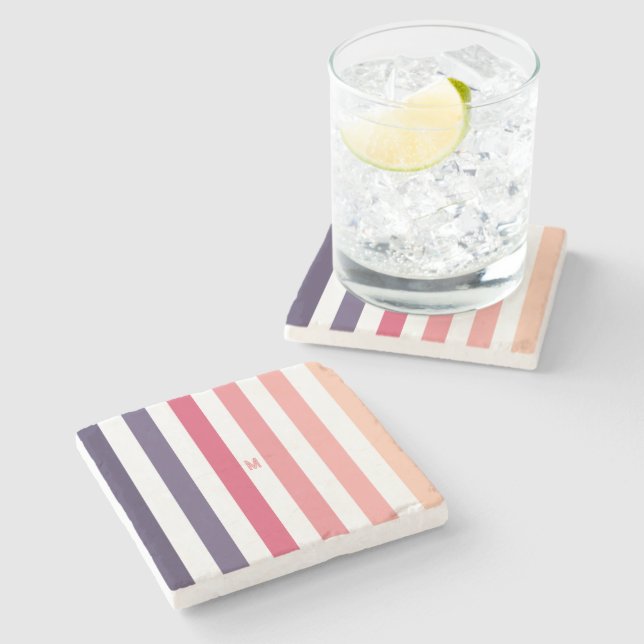 Ombre Beach Sunset Stripe & Personalized Monogram Stone Coaster (Side)