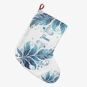 Ombre Blue Filigree Leaf  Personalized  Large Christmas Stocking