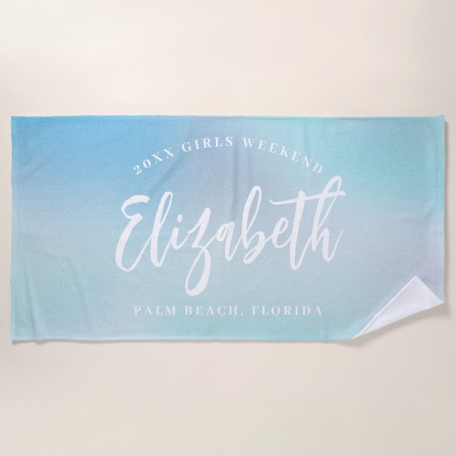 Ombre Blue Girls Weekend Personalised Name Beach Towel (Front)