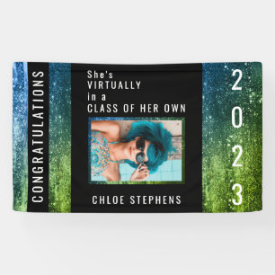 Ombre Blue Green Faux Glitter Photo Graduation Banner