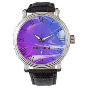 Ombre Blue Marble Cool Marbled Pattern Custom Name Watch