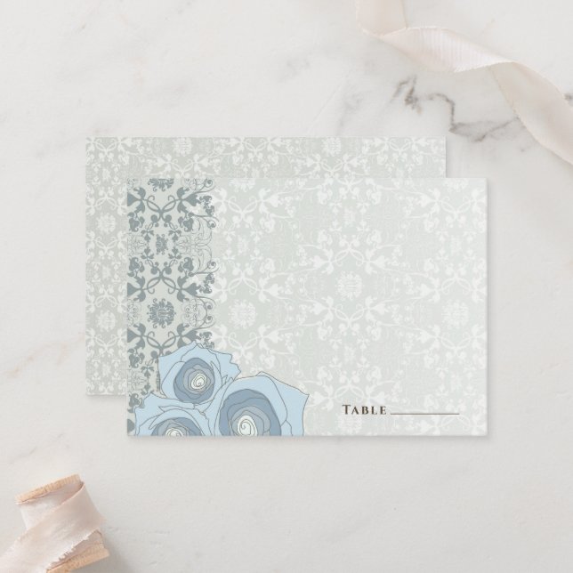 Ombre Blue Roses Damask Lace Elegant Chic Wedding Place Card (Front/Back In Situ)