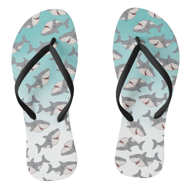 Ombre Blue Shark Pattern Beach Thongs Flip Flops (Footbed)