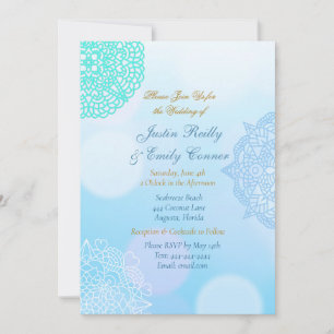 Ombre Blue, Teal and White Mandala Elegant Wedding Invitation