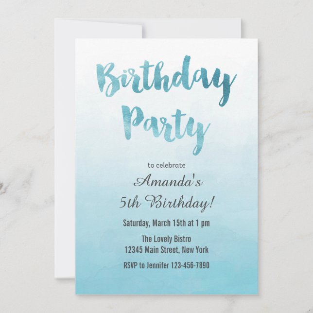 Ombre Blue Watercolor Invitation d'anniversaire (Devant)