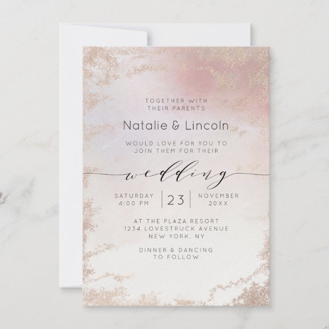 Ombre Blush Pink Frosted Foil Script Font Wedding Invitation (Front)