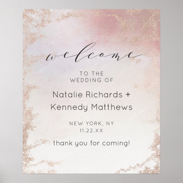 Ombre Blush Pink Frosted Foil Wedding Welcome Sign (Front)