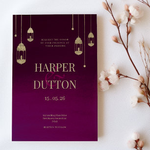 Ombre burgundy and gold lantern lights wedding invitation
