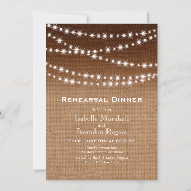 Ombre Burlap Twinkle Lights Rehearsal Dinner Invitation (Front)