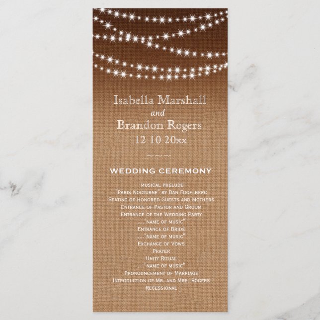 Ombre Burlap Twinkle Lights Wedding Program (Front)