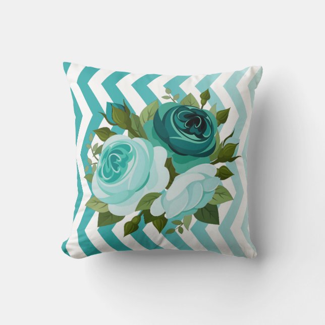 Ombre Chevron Floral Rose Bouquet | aqua teal Throw Pillow (Front)