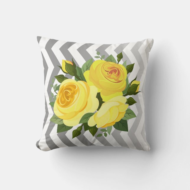 Ombre Chevron Floral Rose Bouquet | yellow silver Throw Pillow (Front)