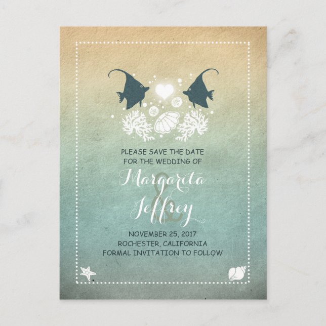 Ombre cute beach save the date postcards (Front)