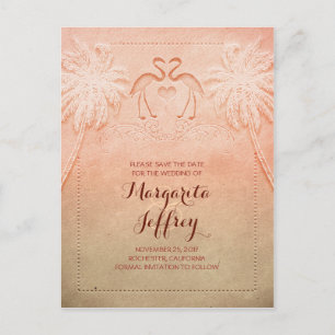 Ombre cute flamingo beach save the date postcards