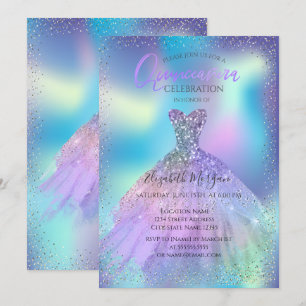 Ombre Dress,Confetti Holographic Quinceañera Invitation