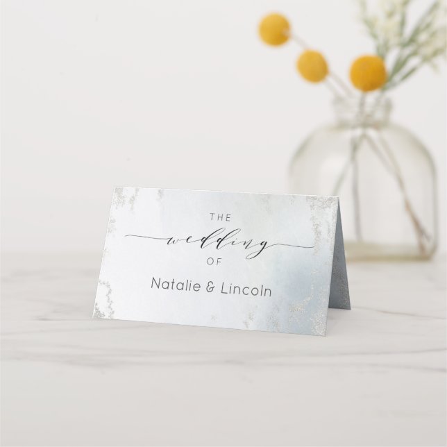 Ombre Dusty Blue Frosted Reserved Seating Wedding Place Card (Back)