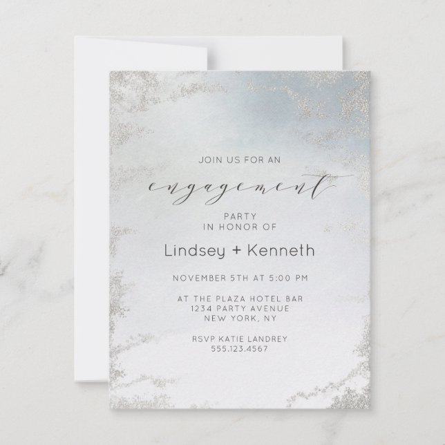 Ombre Dusty Blue Frosted Silver Engagement Party Invitation (Front)