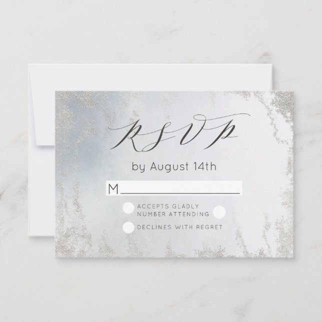 Ombre Dusty Blue Frosted Silver Foil Chic Wedding RSVP Card (Front)
