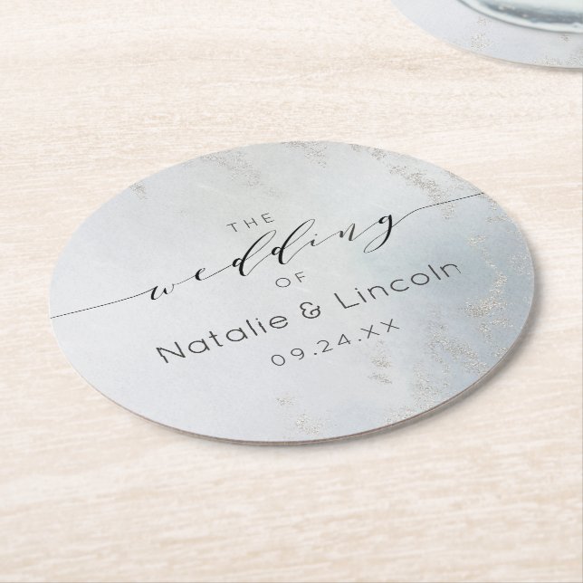 Ombre Dusty Blue Frosted Silver Foil Monogram Round Paper Coaster (Angled)