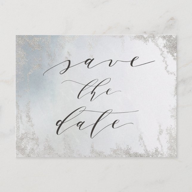 Ombre Dusty Blue Frosted Silver Foil Save the Date Announcement Postcard (Front)