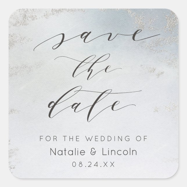 Ombre Dusty Blue Frosted Silver Foil Save The Date Square Sticker (Front)
