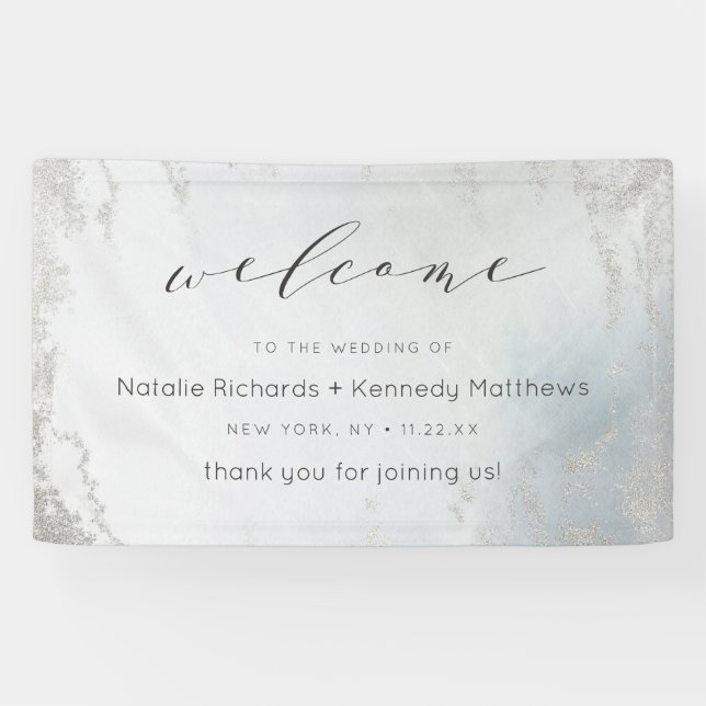 Ombre Dusty Blue Frosted Silver Wedding Welcome Banner (Horizontal)