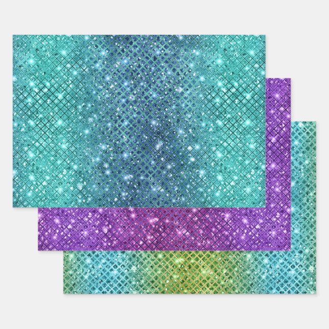 Ombre Glitter Diamond Patterns with Sparkles Wrapping Paper Sheet (Set)