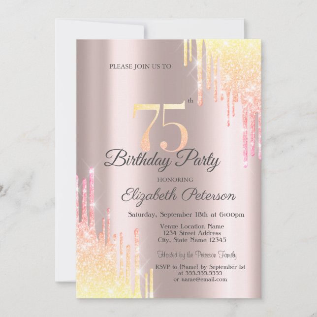 Ombre Glitter Drips 75th Birthday Party Invitation (Front)