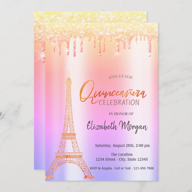 Ombre Glitter Drips,Eiffel Tower Quinceañera Invitation (Front/Back)