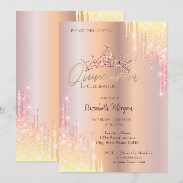  Ombre Glitter Drop Tiara Rose Gold Quinceañera   Invitation (Front/Back)