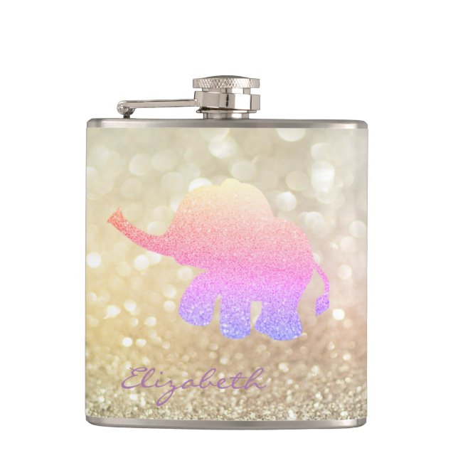 Ombre Glitter Elephant, Bokeh - Personalized Hip Flask (Front)