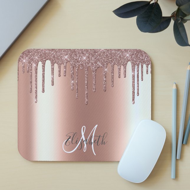 Ombre Glitter Rose Gold Drip Personalized Monogram Mouse Pad (Creator Uploaded)