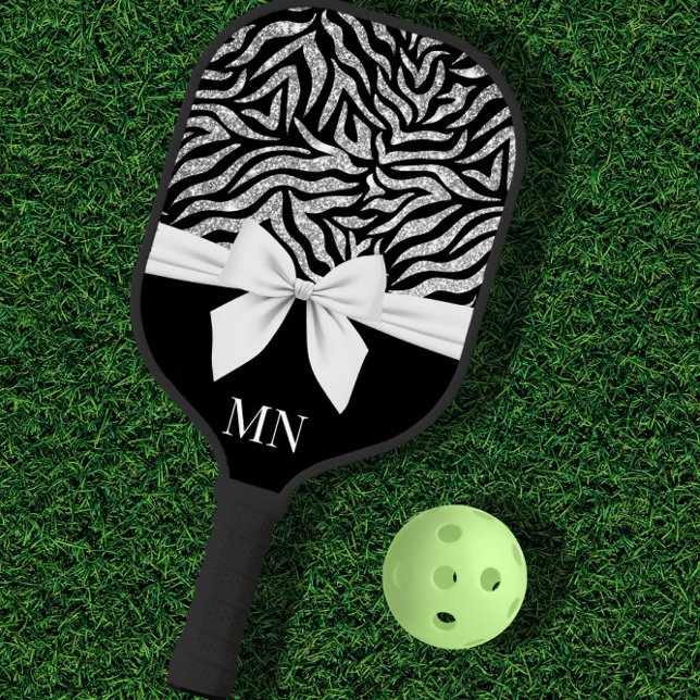 Ombre Glitter Zebra White Bow Monogrammed Pickleball Paddle (Creator Uploaded)