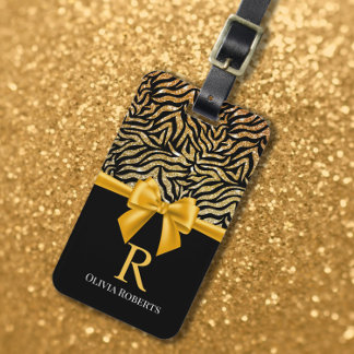 Ombre Glitter Zebra Yellow Bow Monogram Luggage Tag